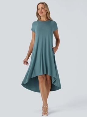 Halara Round Neck Short Sleeve Pocket High Low Flowy Midi Dress Artic